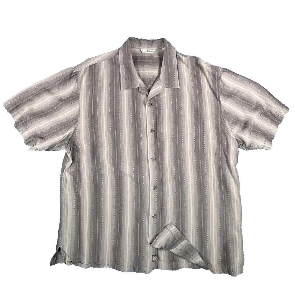 Tommy Bahama Shirt Mens XL Brown Silk Striped Button Up Camp Casual Short Sleeve